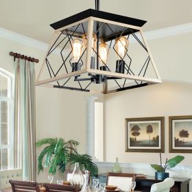 16" Oak Industrial 4-Light Pendant Chandelier, Modern Metal Cage Design, Adjustable Hanging Light for Dining Room, Kitchen, Living Room (No Bulbs