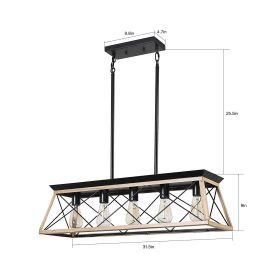 32" Oak Industrial 5-Light Pendant Chandelier, Modern Metal Cage Design, Adjustable Hanging Light for Dining Room, Kitchen, Living Room (No Bulbs