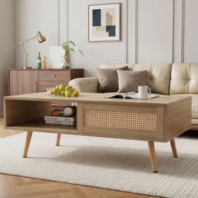 41.34" Rattan Coffee table, sliding door for storage, solid wood legs, Modern table for living room , natural